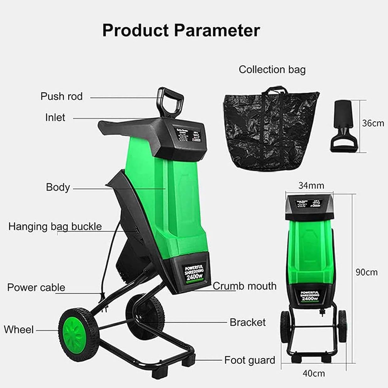 CYMYYDS 2400W Electric Garden Shredder, Wood Chipper Garden Mulcher for Leaves and Branches with 50L Collection Bag & Wheels, Max Diameter 40mm, for Yard Cleanup, Composting Green