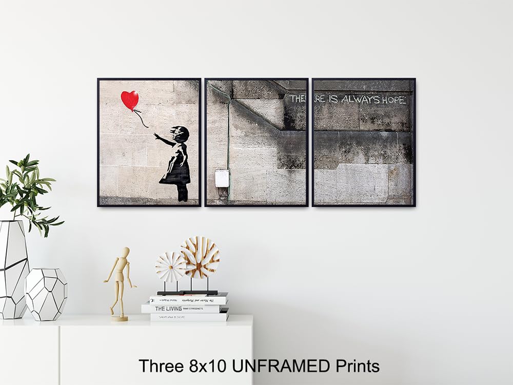 Banksy Girl With Balloon Poster Set - 8x10 Graffiti Street Art Home Decor - Urban Wall, Office or Apartment Decoration for Living Room, Bedroom, Dorm - Unique Gift for Women, Teens, Modern Art Fans