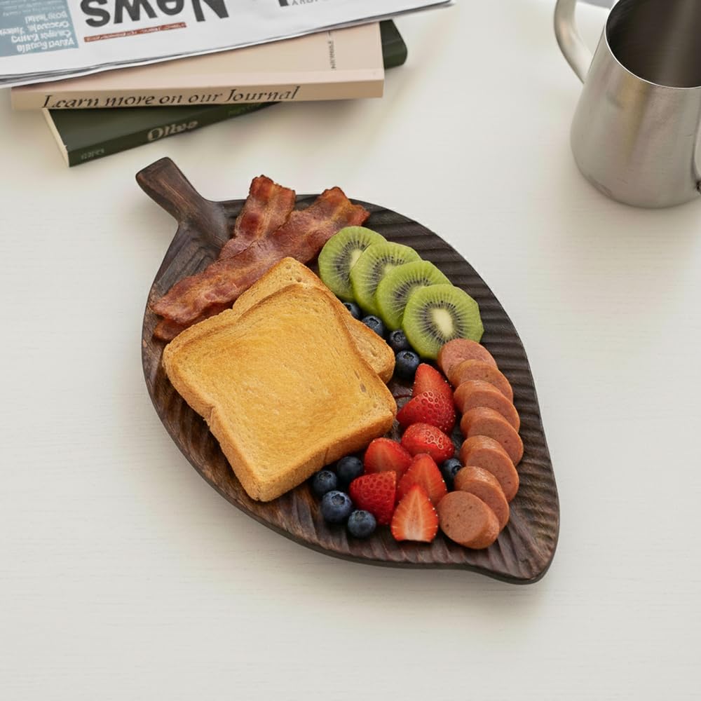 MIGAKU HOME Acacia Wood Leaf Design Serving Tray - Decorative Wooden Platter for Charcuterie, Cheese, Fruit, Kitchen Table Decor
