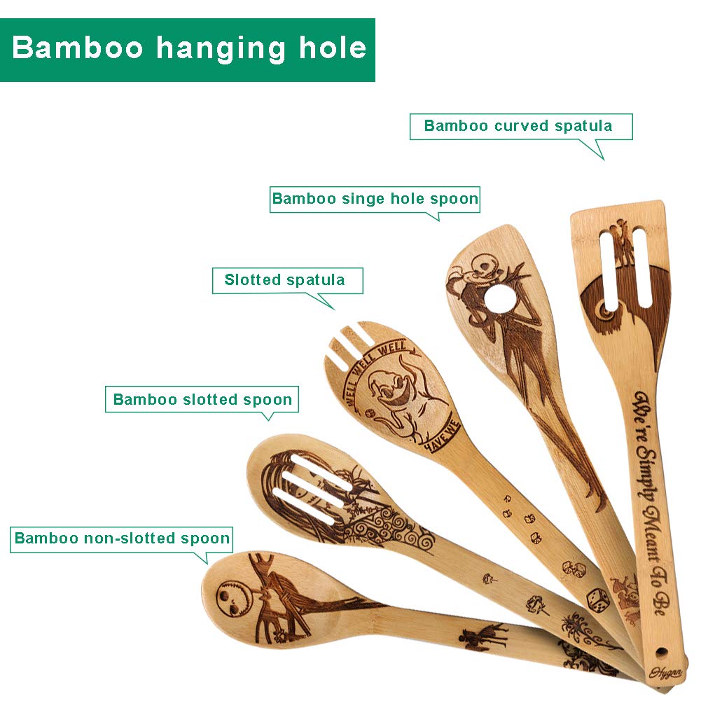 Halloween Idea Utensil Burned Wooden Spoons Set House Warming Wedding Present Slotted Spoon 5 Piece SpoonSet