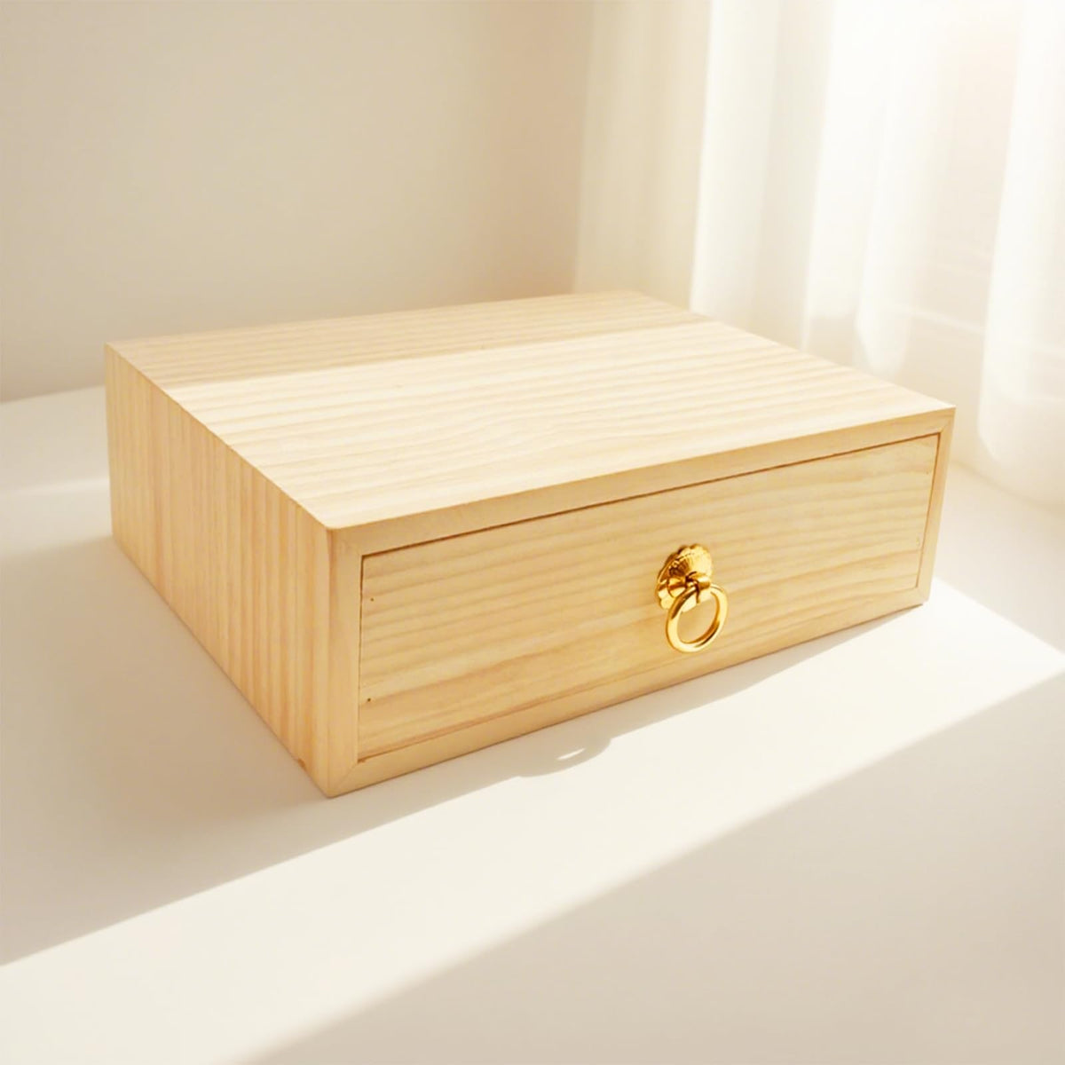 LONG TAO Natural Wooden Storage Box Desk Drawer Single Wood Cabinet Organizer Drawer Tabletop Storage Organization Box with Metal Handle for Desk Home Office Counter Craft Decor (1 Drawer)