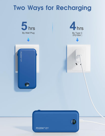 citicr Portable Charger Power Bank, 10000mAh PD20W USB C Fast Charging with Built-in Cables & Wall Plug, 5-in-1 External Battery Pack with LED Display, Perfect Backup for iPhone, iPad, Samsung Navy