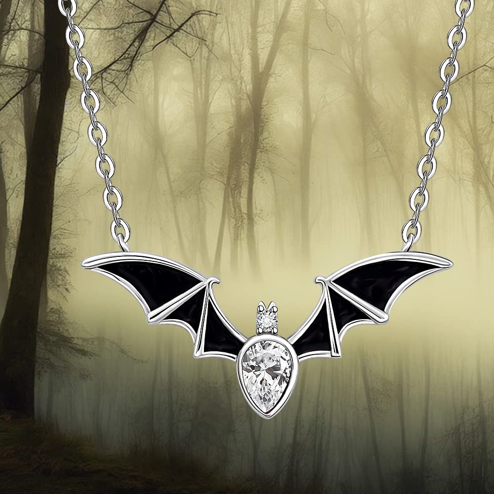 Halloween Bat Necklace for Women Sterling Silver 925 Bat Pendant Necklaces Charms Gothic Black Bats Jewelry CZ Crystal Dainty Vampire Witch Christmas Gifts