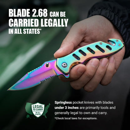 Legal Rainbow Pocket Knife with Glass Breaker Seatbelt Cutter - 2.68 Inch Sharp Serrated Blade - Cute Small Folding Womens Knives for Self Defense EDC Camping - Birthday Gifts for Women - 6655 R