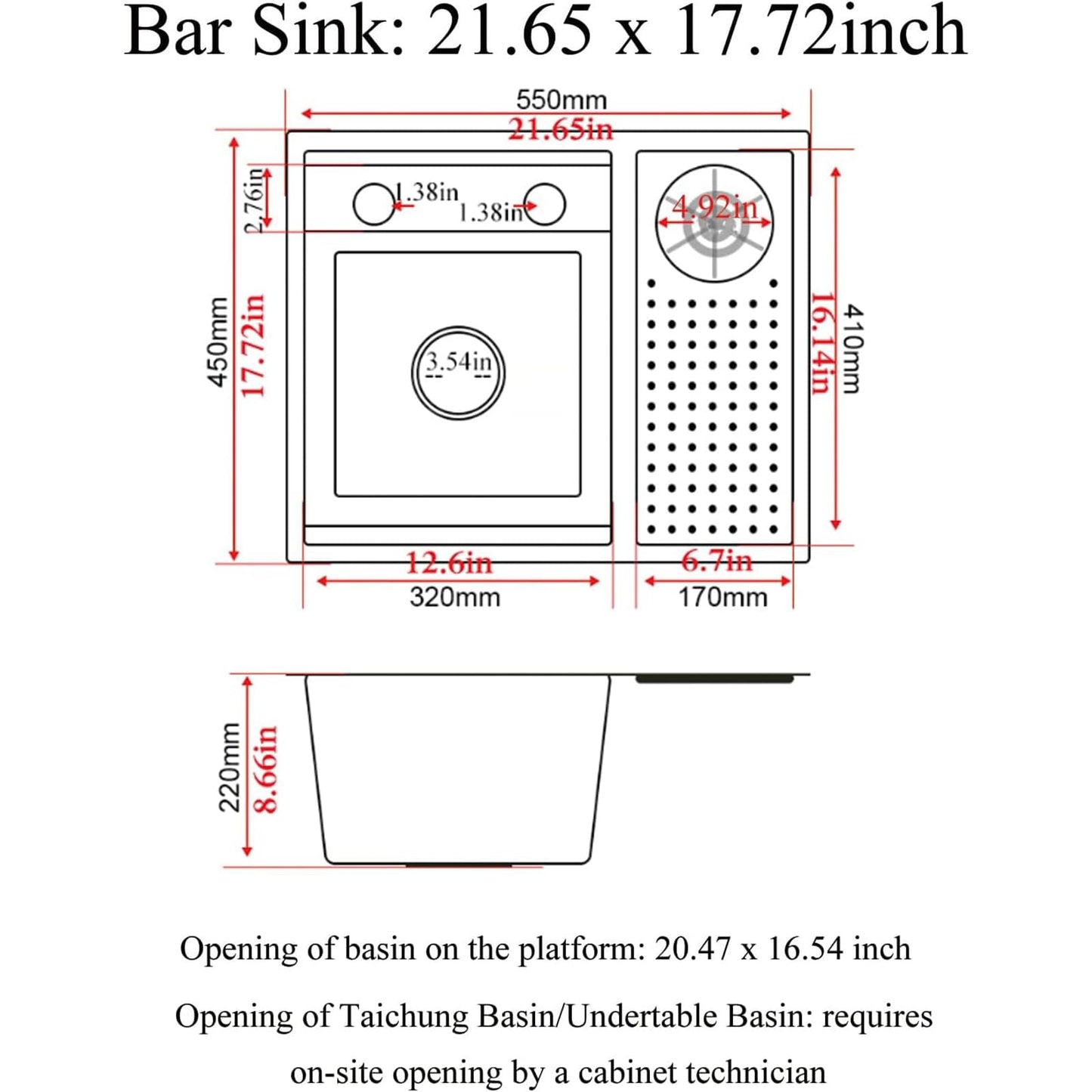 COZHAO Concealed Black Stainless Steel Slow Drop Bar Sink for Center Island, Motor Home, Western Style Countertop，Included Rotating Folding Faucet，Press Cup Washer（21.6 x 17.7 inch）