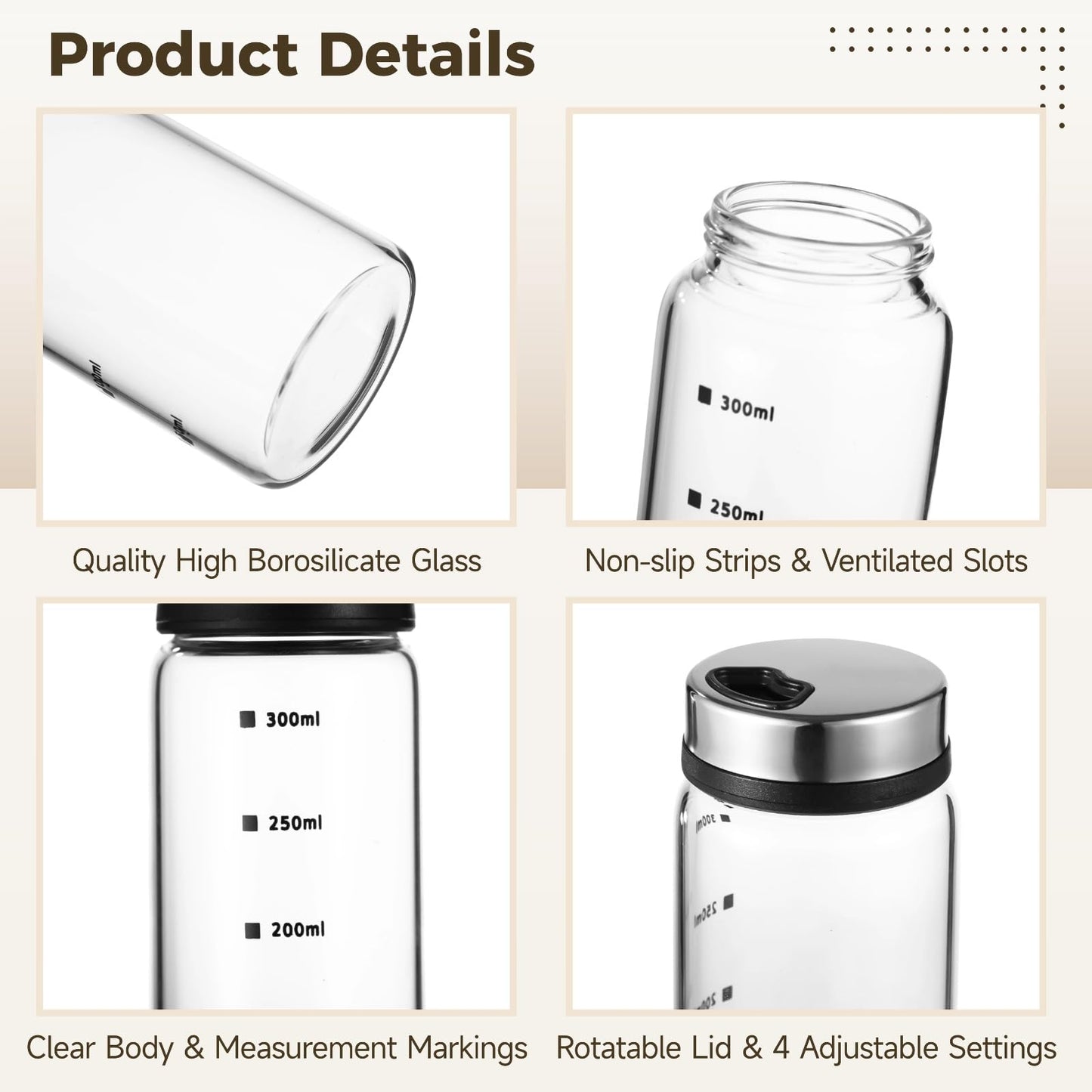 2 Pcs Salt and Pepper Shakers, 350ml Glass Spice Bottles with Adjustable Pour Holes, Spice Dispensers with Non-Slip Silicone Bases, Seasoning Jars with Rotating Steel Lids for Kitchen