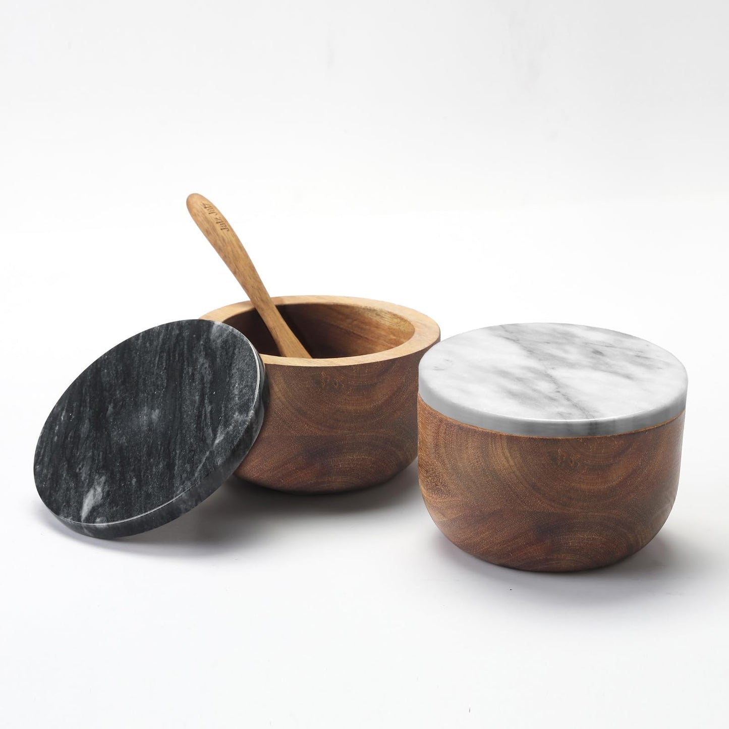 jalz jalz Large Acacia Wood Salt Cellar with Marble Lid - 10oz Heavy Salt Box Pepper Pinch Pot with Spoon - Natural Solid Wood Spice Container Decorative White Grey Marble Cover for Kitchen Counter
