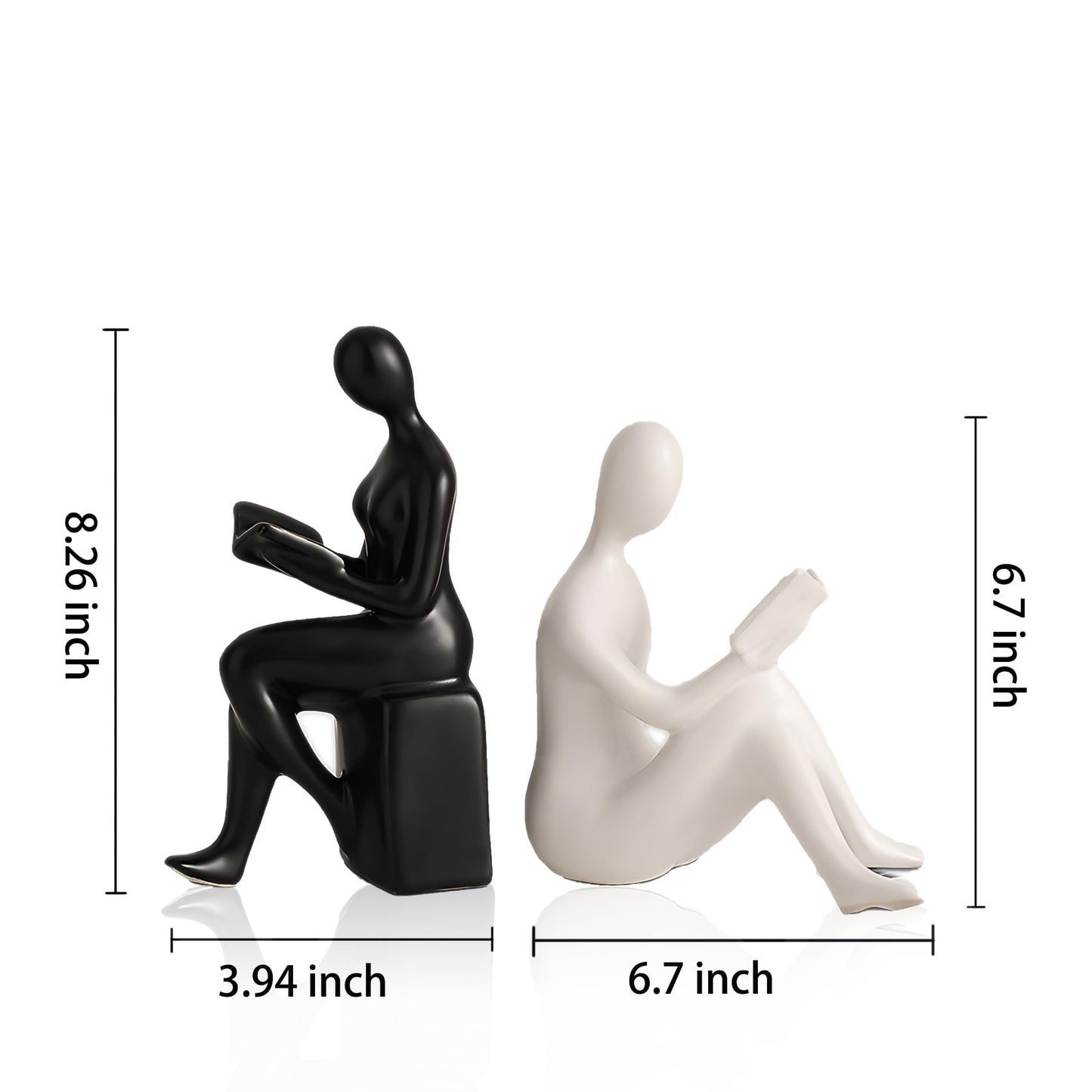 Modern Decorative Ceramic Reading Figure Bookends, Contemporary Minimalist Book Holders for Shelves, Office Home Library Decor (Black+ White)