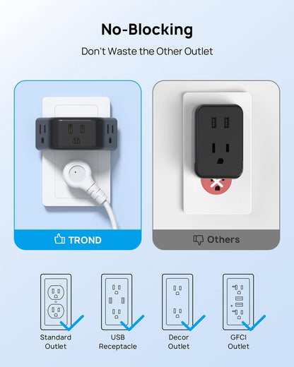TROND Multi Plug Outlet Extender 2 Pack - Electrical Wall Splitter, 3 Way Angled Wall Outlet Adapter, Cruise Essentials, Small Multiple Plug Expander for Cruise Ship Home Office Dorm Room, White