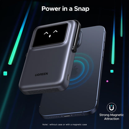 UGREEN Uno 10000mAh Magnetic Portable Charger, Qi 7.5W Wireless Power Bank, PD 20W USB C Battery Pack with Foldable Stand and TFT Display MagSafe Compatible iPhone 17/16 /15/14/13/12 Series, Black