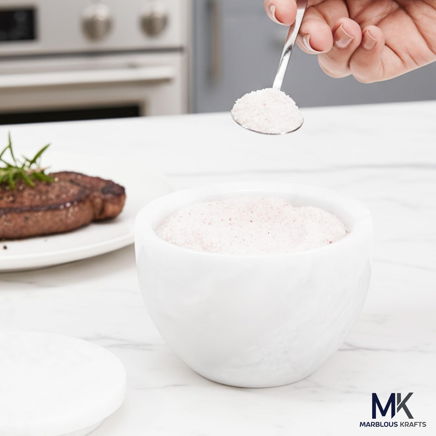 MARBLOUS KRAFTS Marble Salt Holder with Lid and Spoon 3 x 4 White Spice Jar for Kitchen Countertop, 4.7 oz, Ideal Seasonings, Sugar Bowl, and Celtic Salt Storage, Brown Sugar Keeper