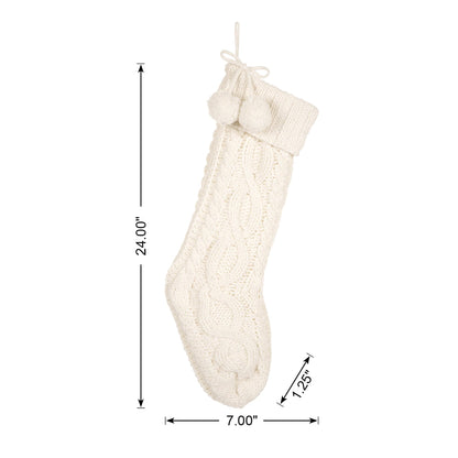 Glitzhome 24" L White Knitted Polyester Christmas Stocking with Pom Pom Ball Oversize Christmas Stocking for Christmas Party Home Decoration