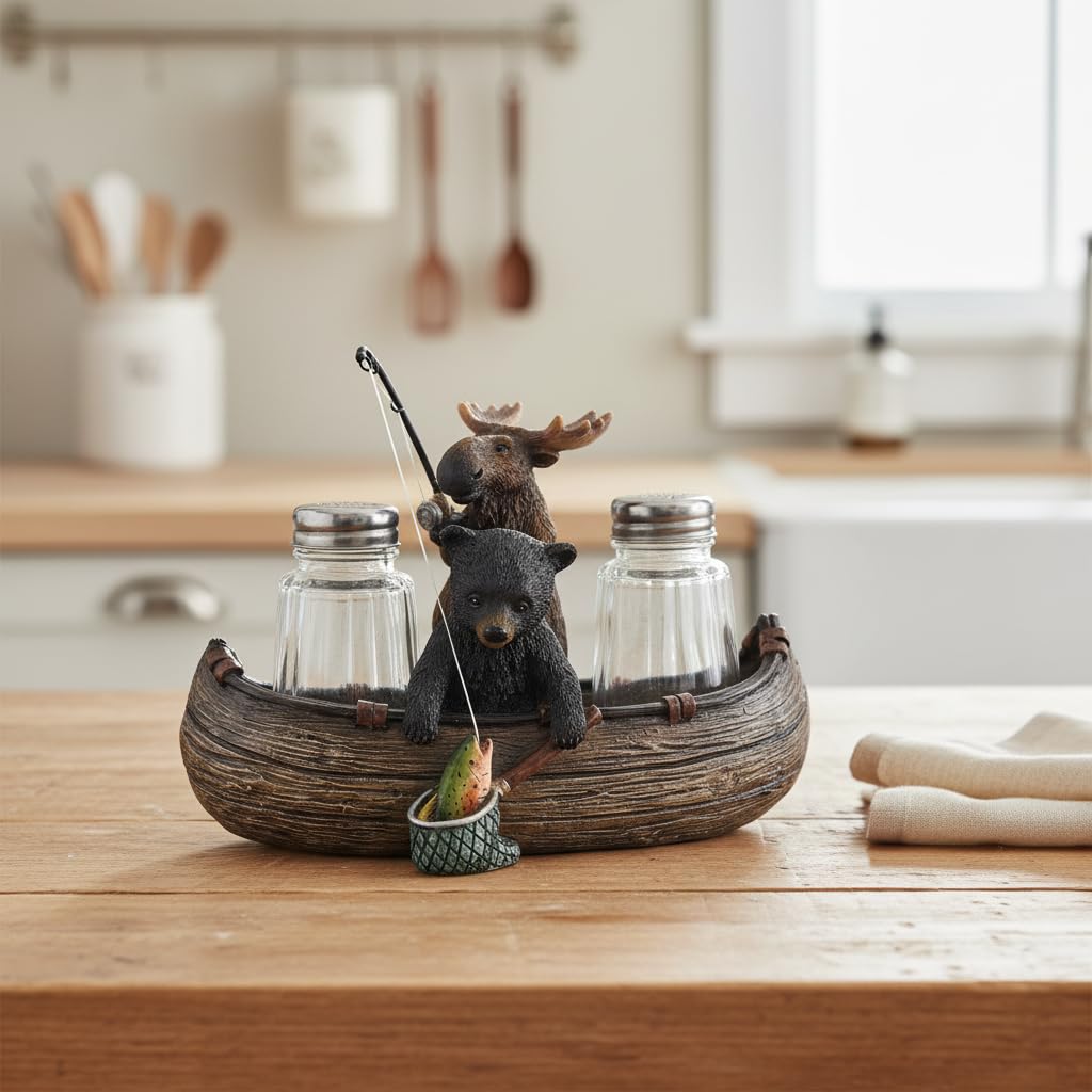 Comfy Hour 6.7" Moose and Bear Fishing in Canoe Salt and Pepper Shaker Duo (Empty Bottle Set Included), Decorative Rustic Lodge Cabin Style Figurine Holder, 1 Unit