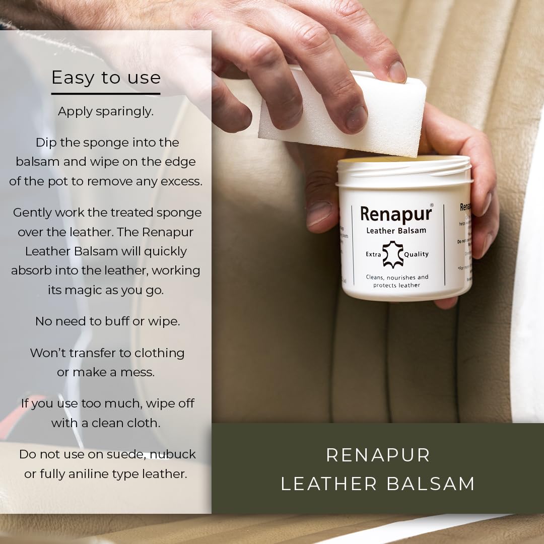 Renapur Leather Balsam, Natural Balm, Conditioner and Restorer (200 ml + Applicator Sponge) — Protector for Leather Sofas, Furniture, Shoes, Bags, Car Seats, Saddlery & Tack (Original)