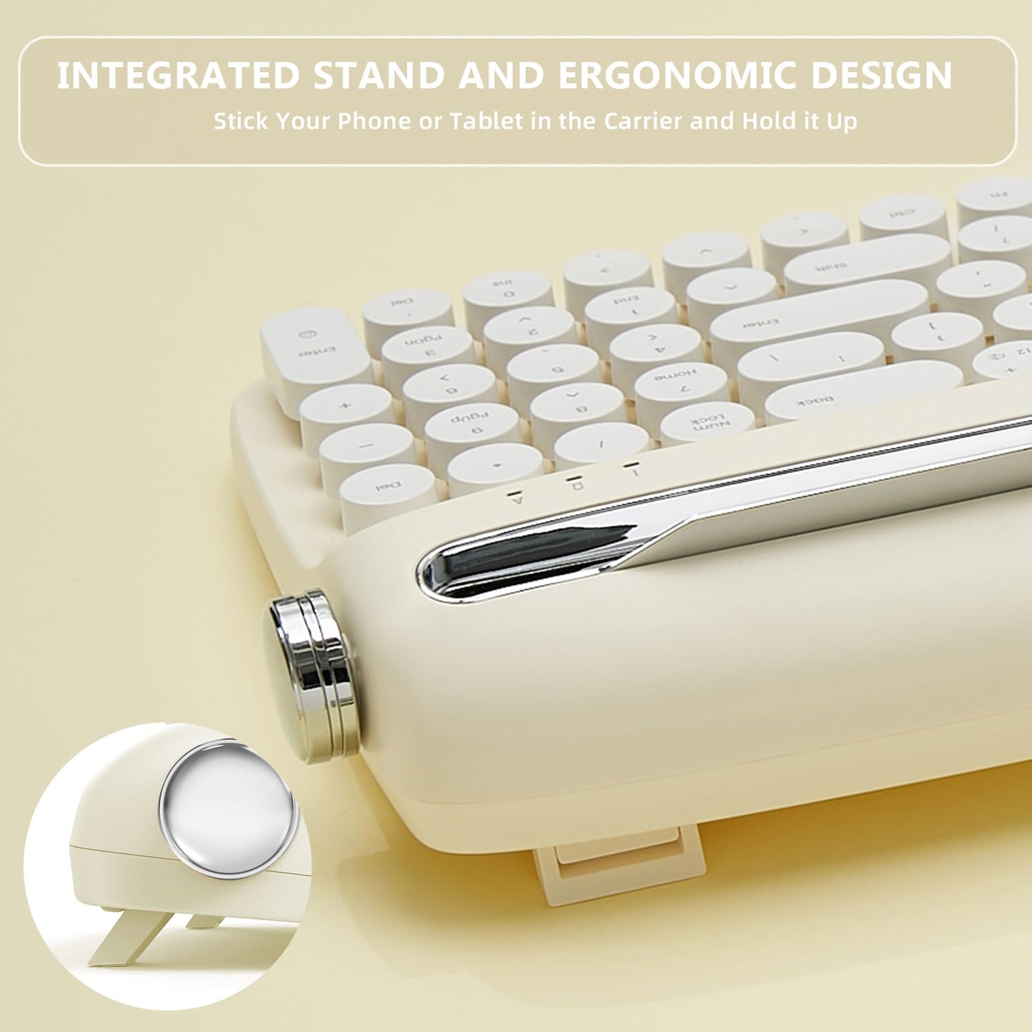 YUNZII Upgraded Wireless Typewriter Keyboard,with Retro Integrated Stand,USB-C/Bluetooth,Cute Round Keycaps, USB-C/Bluetooth Connection for Table, Phone, PC and Win/Mac/Android (B309, Baby Pink)