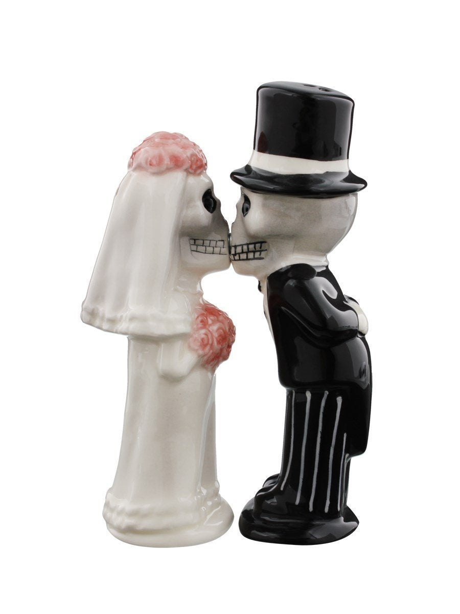 Love Never Dies Skeleton Bride and Groom Kissing Magnetic Salt and Pepper Shaker