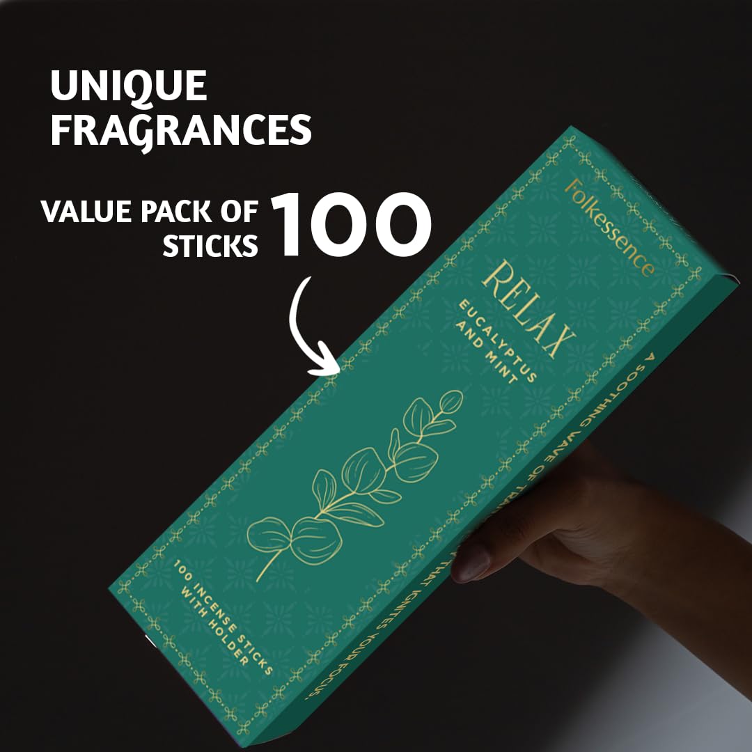 Folkulture Incense Sticks with Holder (100 Sticks)| Eucalyptus Incense Stick for Meditation, Aromatherapy, Realxation Gifts | No Charcoal,Organic,Non Toxic, 45 Mins, Long Burning Insence-Sticks