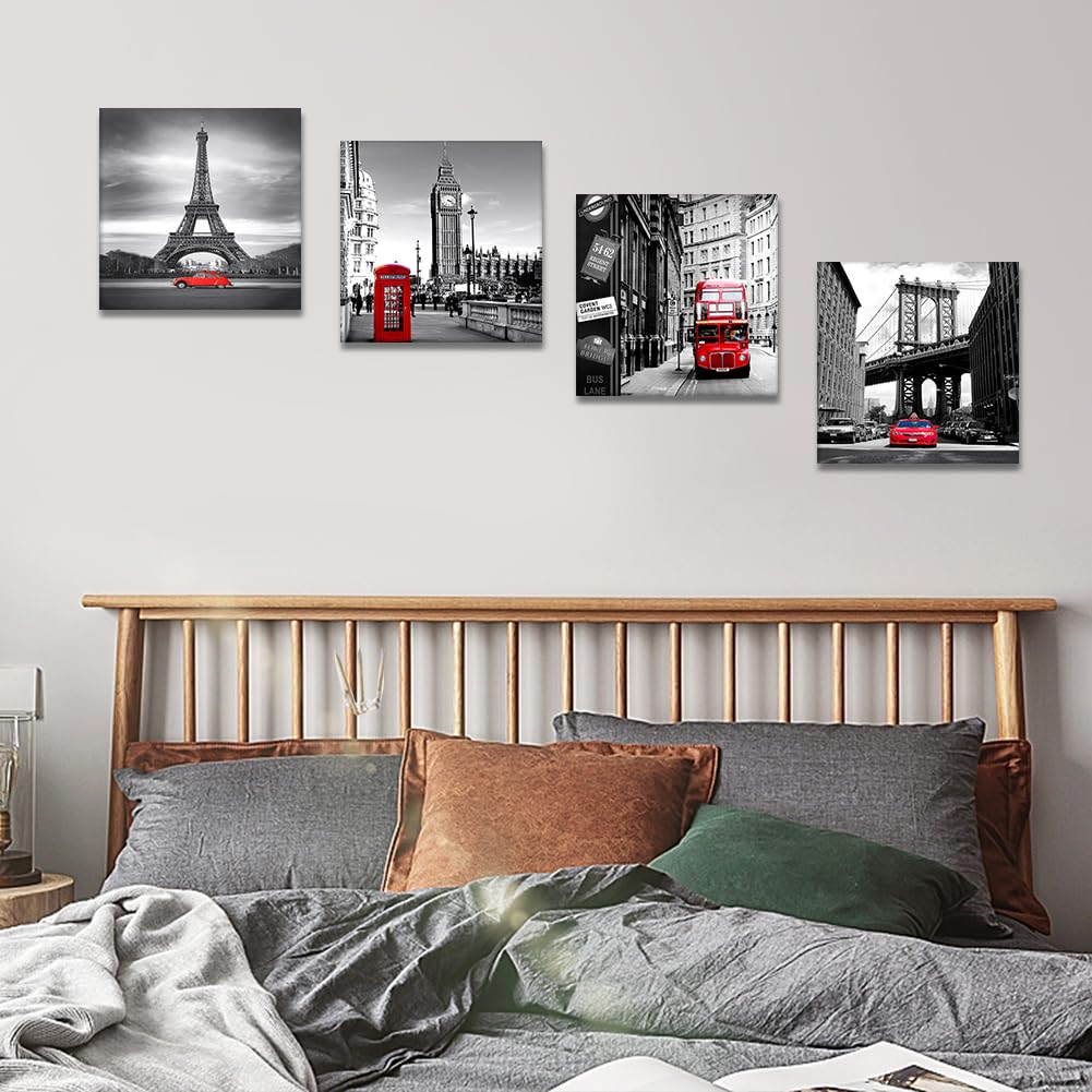 Artscope 4 Pieces Wall Art Canvas Prints - Red Cityscape with Eiffel Tower, Big Ben, Tower Bridge Picture Painting- Modern Wall Artwork Framed for Bathroom Home Office Decor - 30 x 30 CM