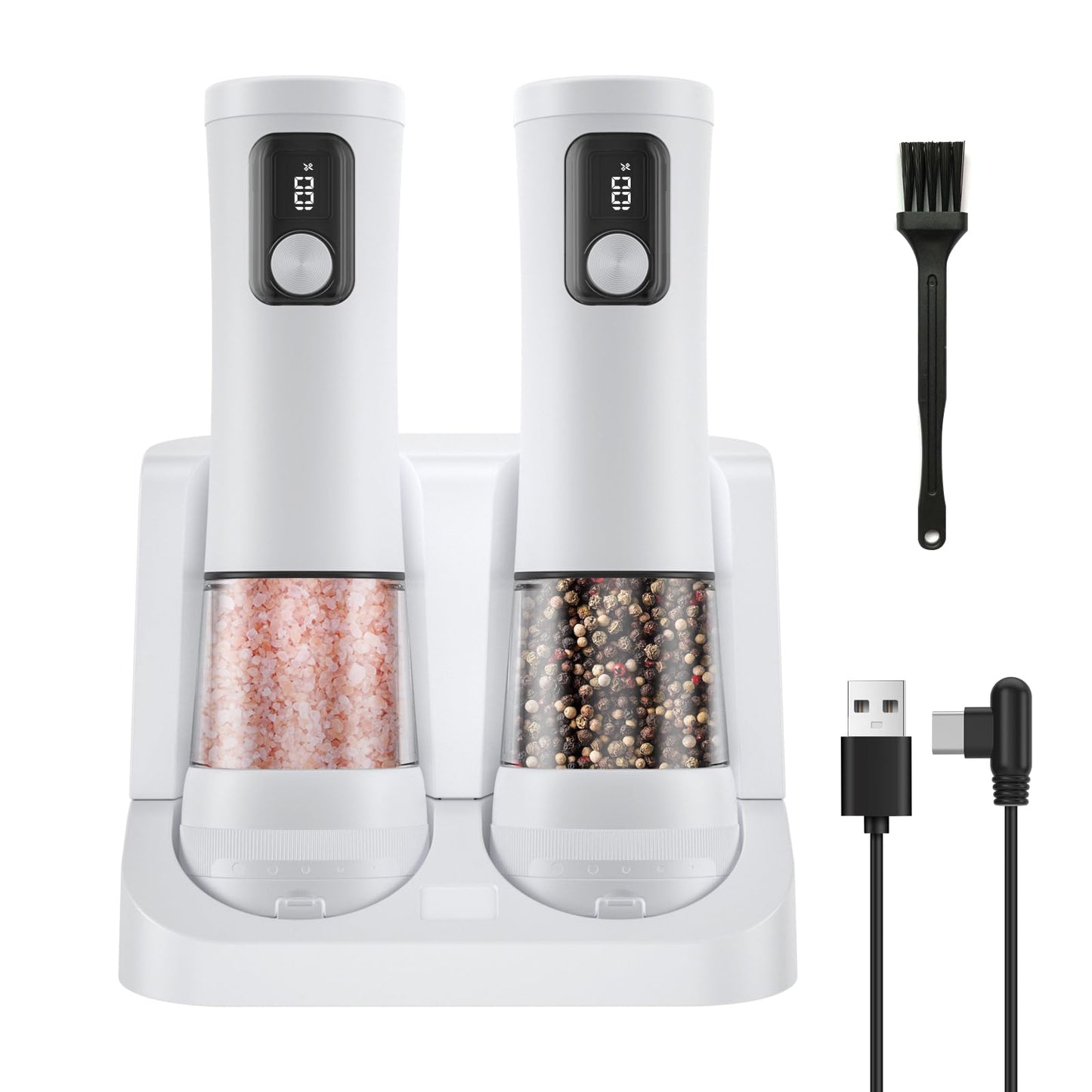 Electric Salt and Pepper Grinder Set,2 Pack Rechargeable Automatic Pepper Mill,with Charging Base,5 Level,Display,LED Lighting,Large Capacity,Kitchen Gift (2, White, Charging Base)