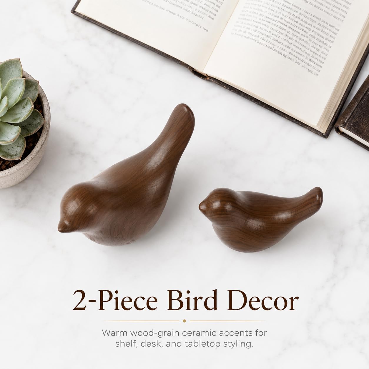 WhimWove 2 Pcs Ceramic Bird Figurines with Dark Wood Grain Look, Small Bird Statues for Home Decor, Modern Animal Sculptures, Shelf Decor, Bookshelf Decor, Tabletop Decorations for Living Room Office
