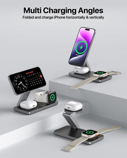 Keepro 3 in 1 Wireless Charging Station for iPhone Magnetic Portable, Fast Wireless Charger Stand for iPhone Air/17/16/15/14/13/12, AirPods Pro 3 2 Apple Watch (Adapter Included)-Black
