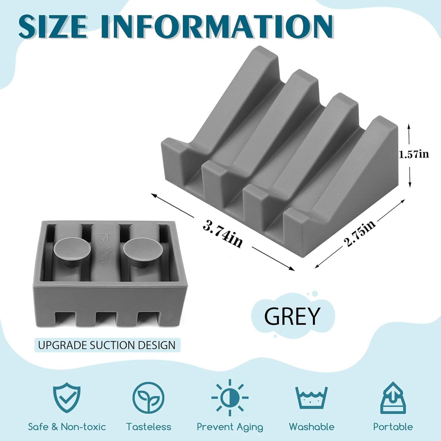 Self Draining Silicone Soap Dish with Suction Cups - Non-Slip Bar Soap Holder for Shower & Kitchen, Waterfall Tray Keeps Soap Dry, Easy Clean, Extends Soap Life (Gray, 1)