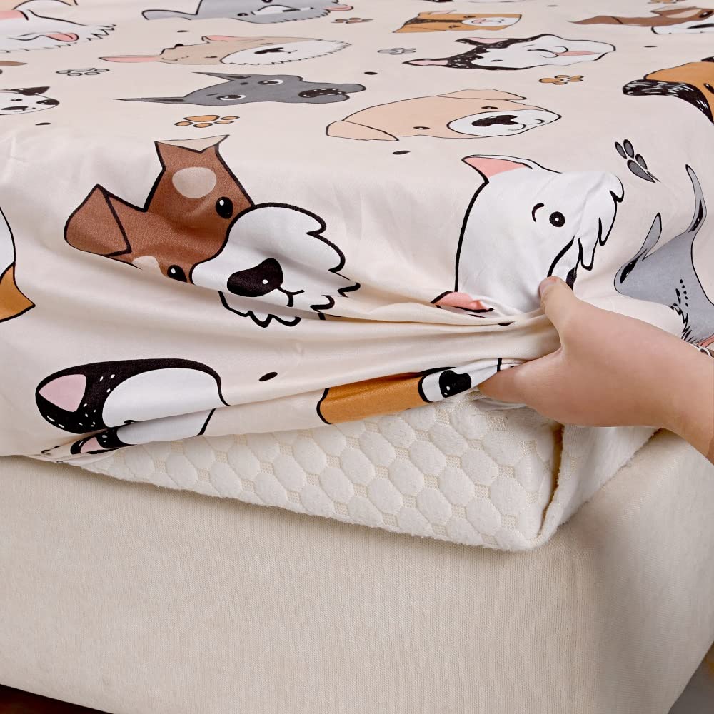 KWLOVER 3PC Soft Doggy Printed Bed Fitted Sheet Flat Sheet and Pillowcase Set,Dog Design Cute Puppy Pattern Printed Bed Sheets Set for Teens Boys Girls Twin Size Bed