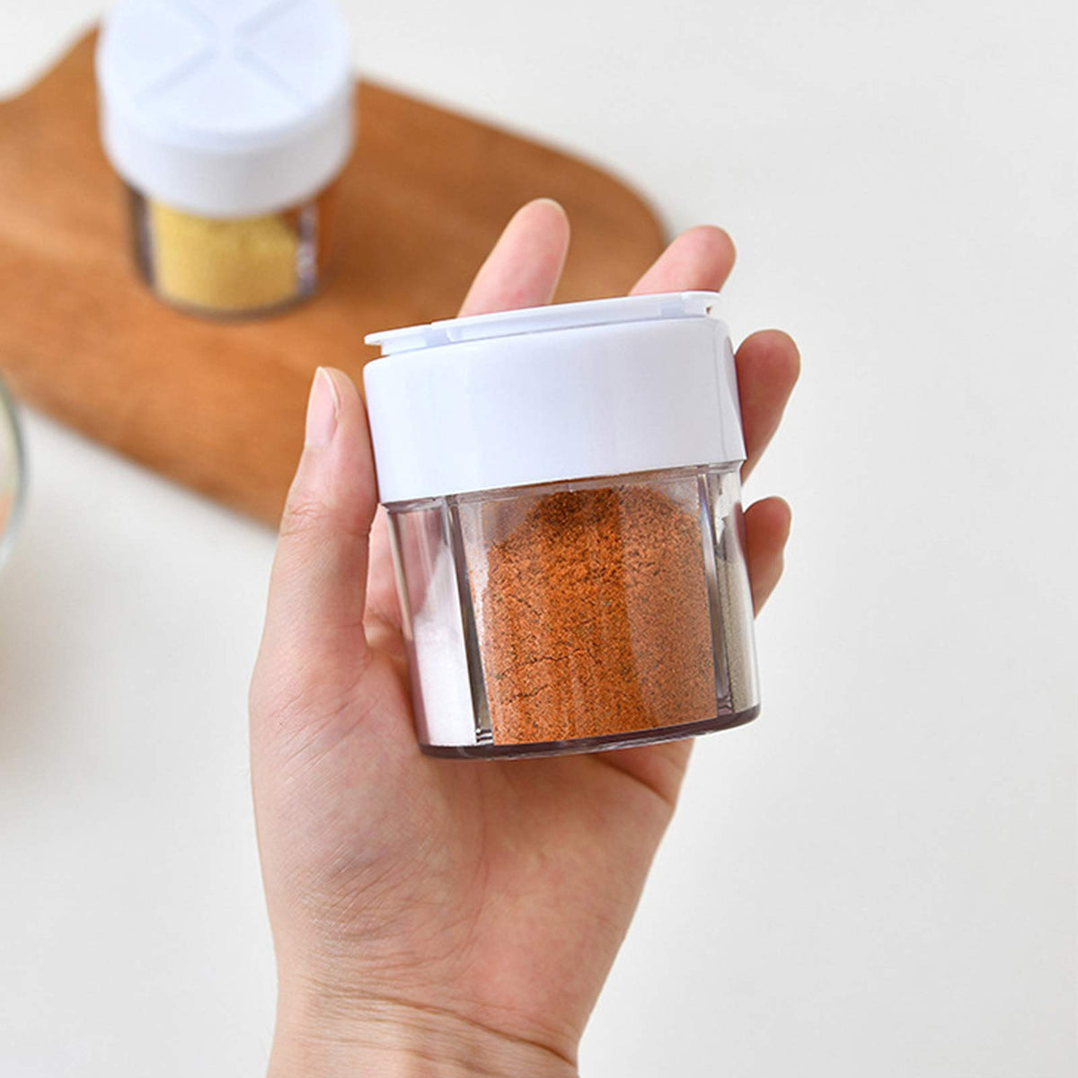 4-Pack 4 in 1 Salt and Pepper Shaker Jars Bottles, 4-Grid Flip Lid Spice Jars - Cylindrical Empty Plastic Seasoning Containers with Transparent Body for Travel Camping BBQ Kitchen Cooking (White)