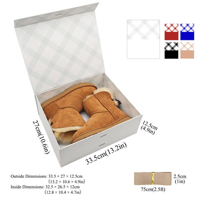 Tekhoho White Large Gift Box 33.5x27x12.5 cm, Premium Present Box with Magnetic Lid and Ribbon for Holidays Wedding Birthday Gift Packaging, Plaid Lining