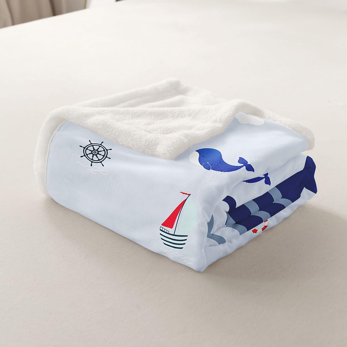 Nautical Sherpa Sailboat Printed Fleece Throw Blanket - Ocean Themed Plush Fuzzy Blanket for Bed, Sofa, Couch - Kids Sea Adventure - 40"x50"