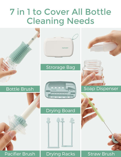 Momcozy 7 in 1 Baby Bottle Brush Set - Complete Bottle Cleaning Kit with Silicone, Nipple, Straw Brush,Soap Dispenser, and Drying Rack - Ideal for Home and Travel