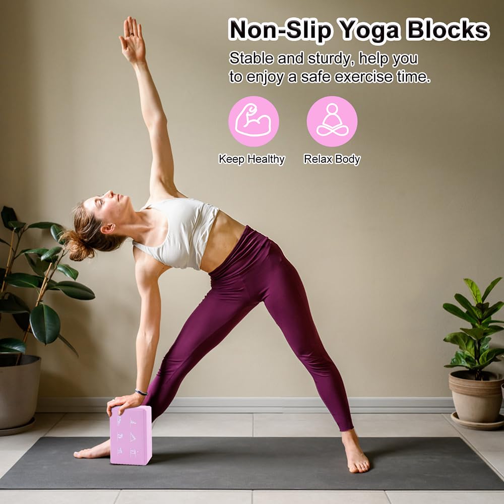 2 Yoga Block and Yoga Strap Set, FHDUSRYO High Density EVA Foam Blocks, Non-slip Yoga Bricks with 6ft Strap, Supportive Latex-Free Yoga Block Kit to Improve Balance and Flexibility (Pink, 9×6×3")