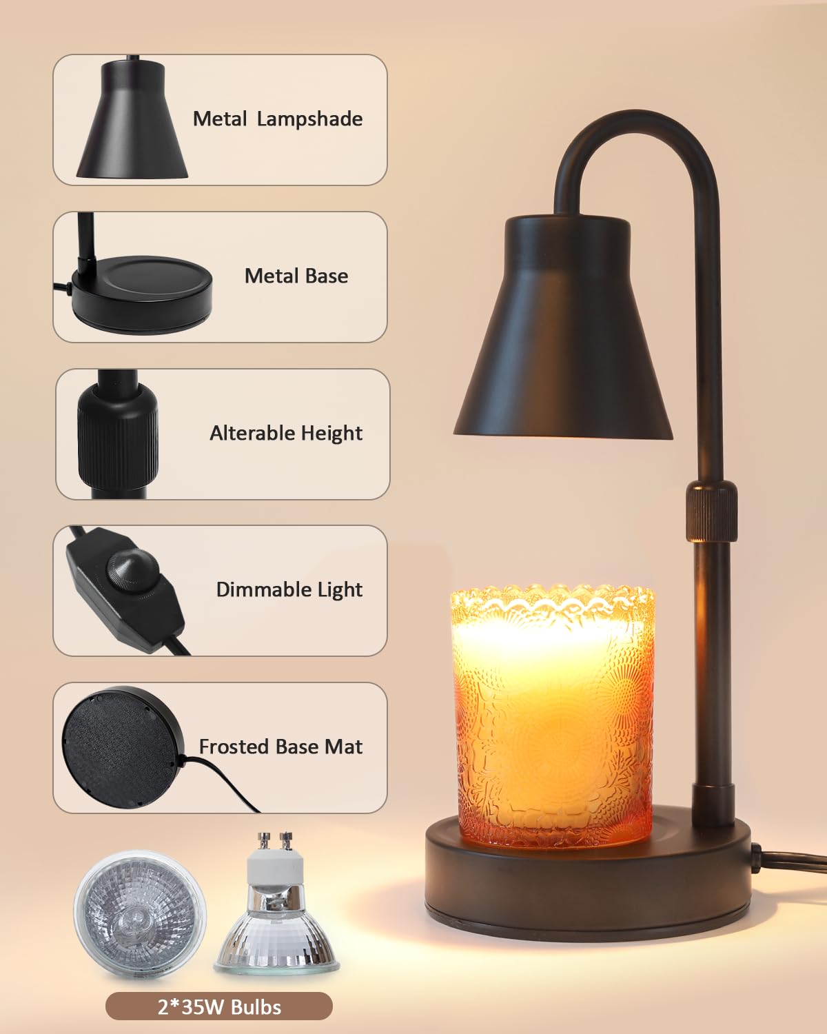 Elenhome Candle Warmer Lamp with Adjustable Height, Stepless Dimming Function-Home Decor Lamp, Metal Candle Lamp for Jar Candles, No Flame Scented Candle Warmer with 2 Bulbs (Black)
