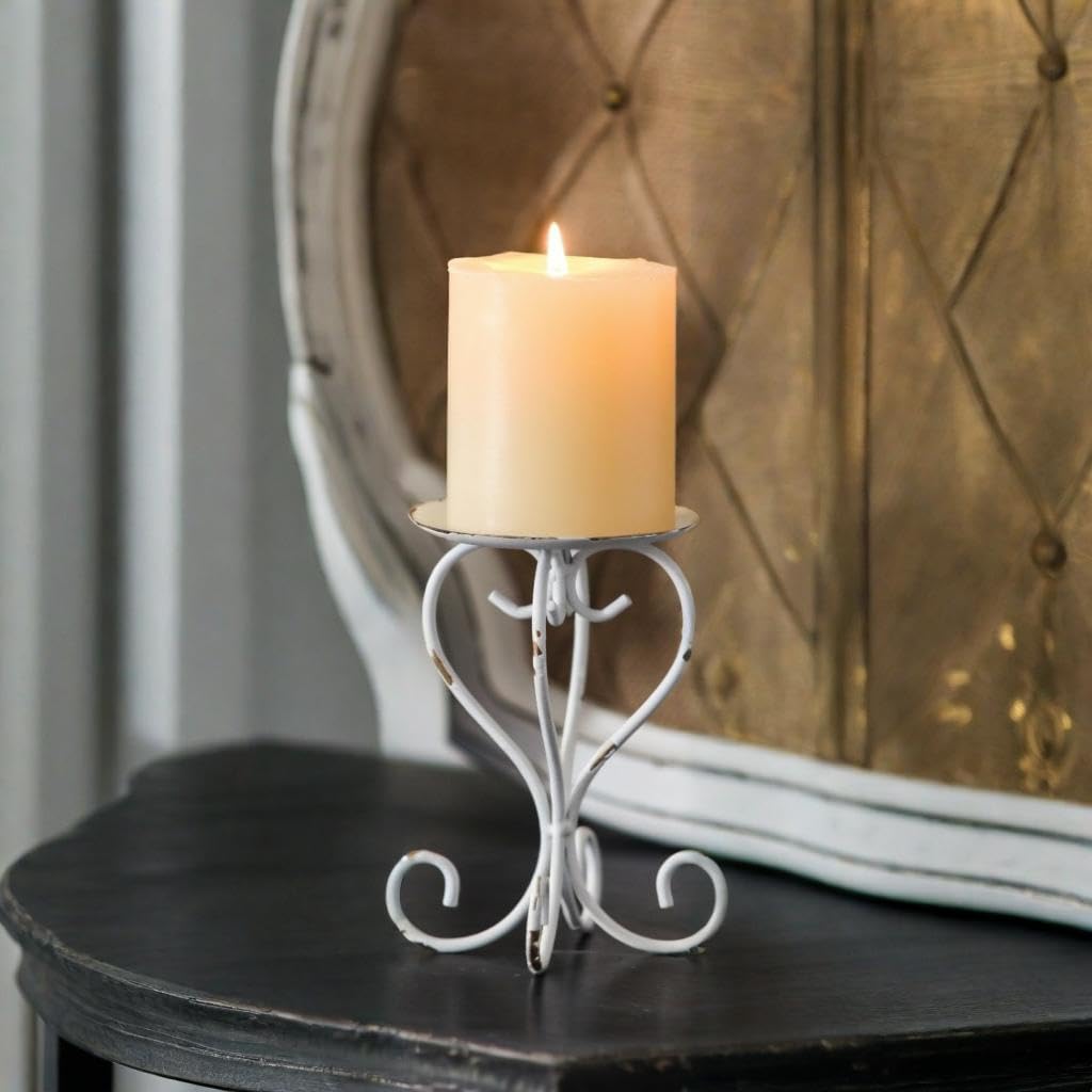 SOFE Metal Pillar Candle Holder, Shabby Chic White Candle Stand Scroll Shape 5.6 Inches Tall, Modern Farmhouse Candles Pedestal, Living Room, Bedroom, Dining Room, Coffee Table Decor
