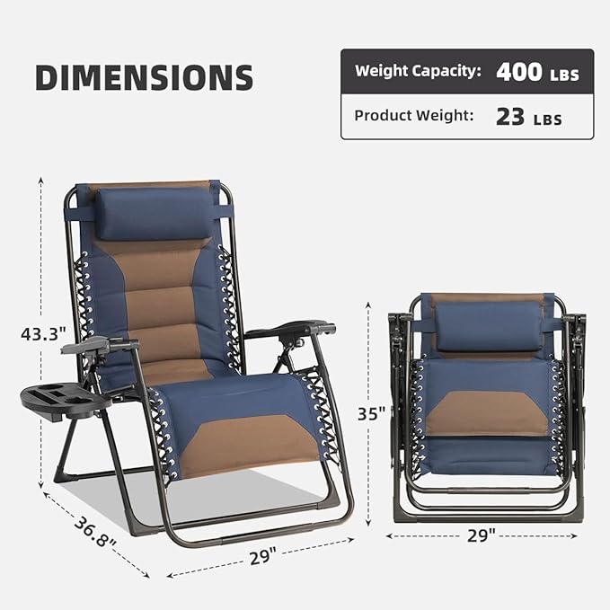 Zero Gravity Chair Set of 2 Oversized Padded Recliner with Adjustable Headrest & Cup Holder - 600D Oxford Folding Lounge Chair for Outdoor Camping, Patio, Poolside (Brown & Blue)
