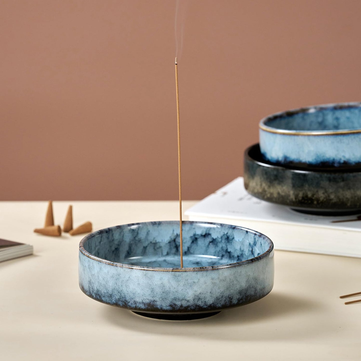 Fluvie 5.9" Ceramic Incense Holder with 10 Holes,5in1 Incense Tray for Sticks,Coil,Cone,Sage,Palo Santo,Handcrafted Burner Ash Catcher Smudge Bowl for Yoga Meditation Energy Cleansing Room Décor,Blue