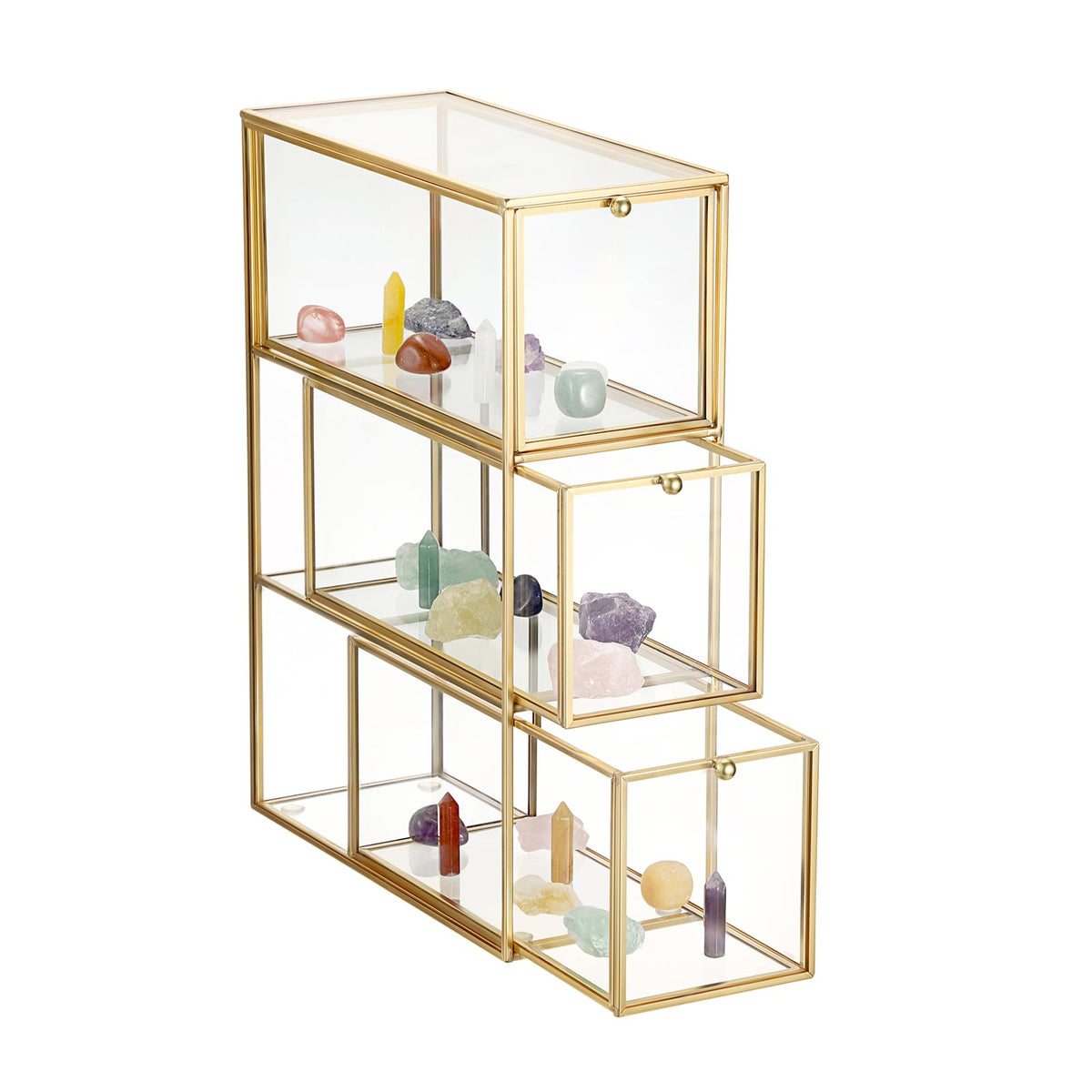 JUXYES Tabletop Brass Glass Rock Display Case with 3 Drawers - Modern Clear Rocks Collections Display Case Box - Gold Dust Proof Case Small Shelf for Collectible, Mineral Crystal, Rock, Stones