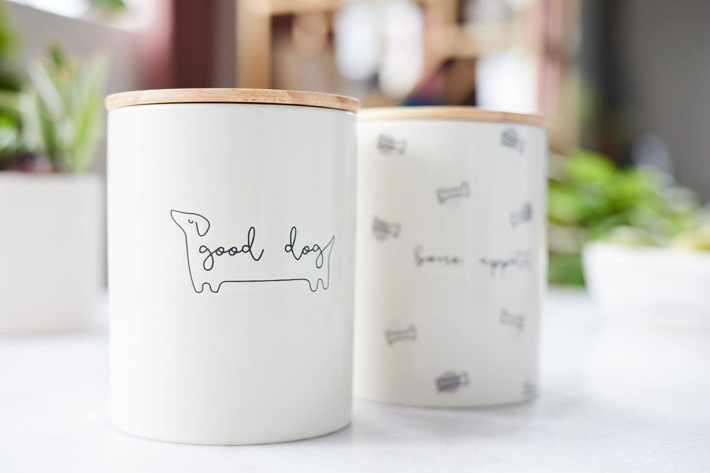 Pearhead Good Dog Treat Jar, Ceramic and Wood Pet Treat Canister, Neutral Modern Kitchen Decor, Pet Accessories, Dog Biscuit Storage Jar, Freshness Seal, Holds 4 Cups