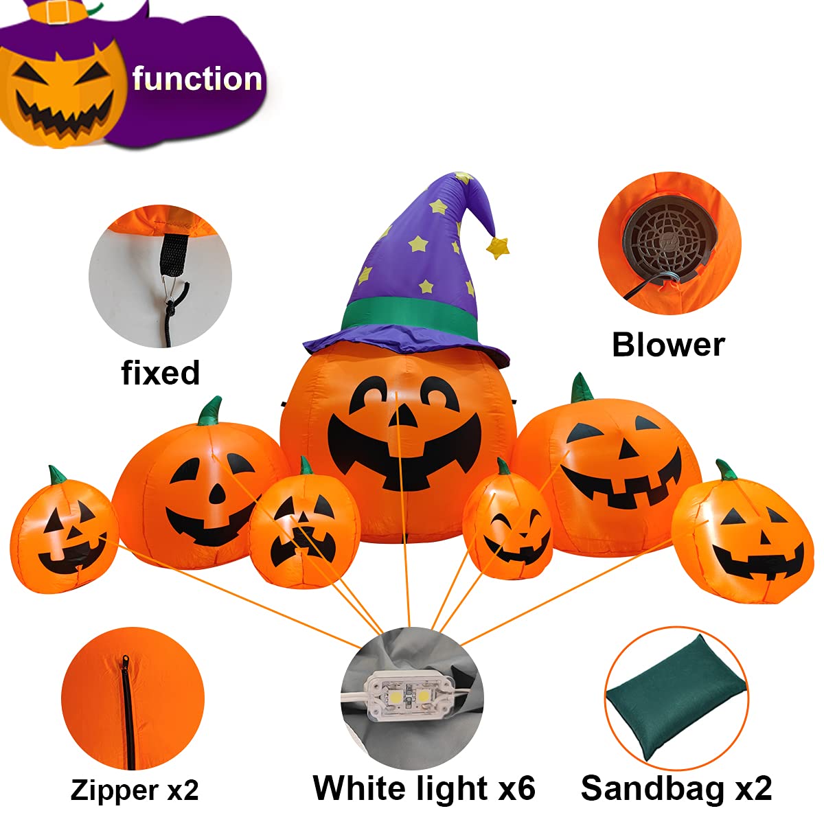 Poptrend Inflatable Halloween Decorations,8.2 FT Inflatable 7 Pumpkins Wearing Witch Hats Outdoor Halloween Blow Up Yard Decorations Internal LED Lights Holiday Decorations Home Garden