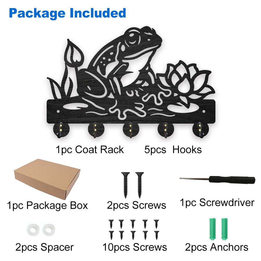 MAYJOYDIY Wooden Frog Lotus Flower Coat Hooks Summer Pond Key Holder for Wall 11.8×7.9inch Decorative Wall Hooks for Hanging with 5 Alloy Hooks for Entryway Kitchen Office Gift