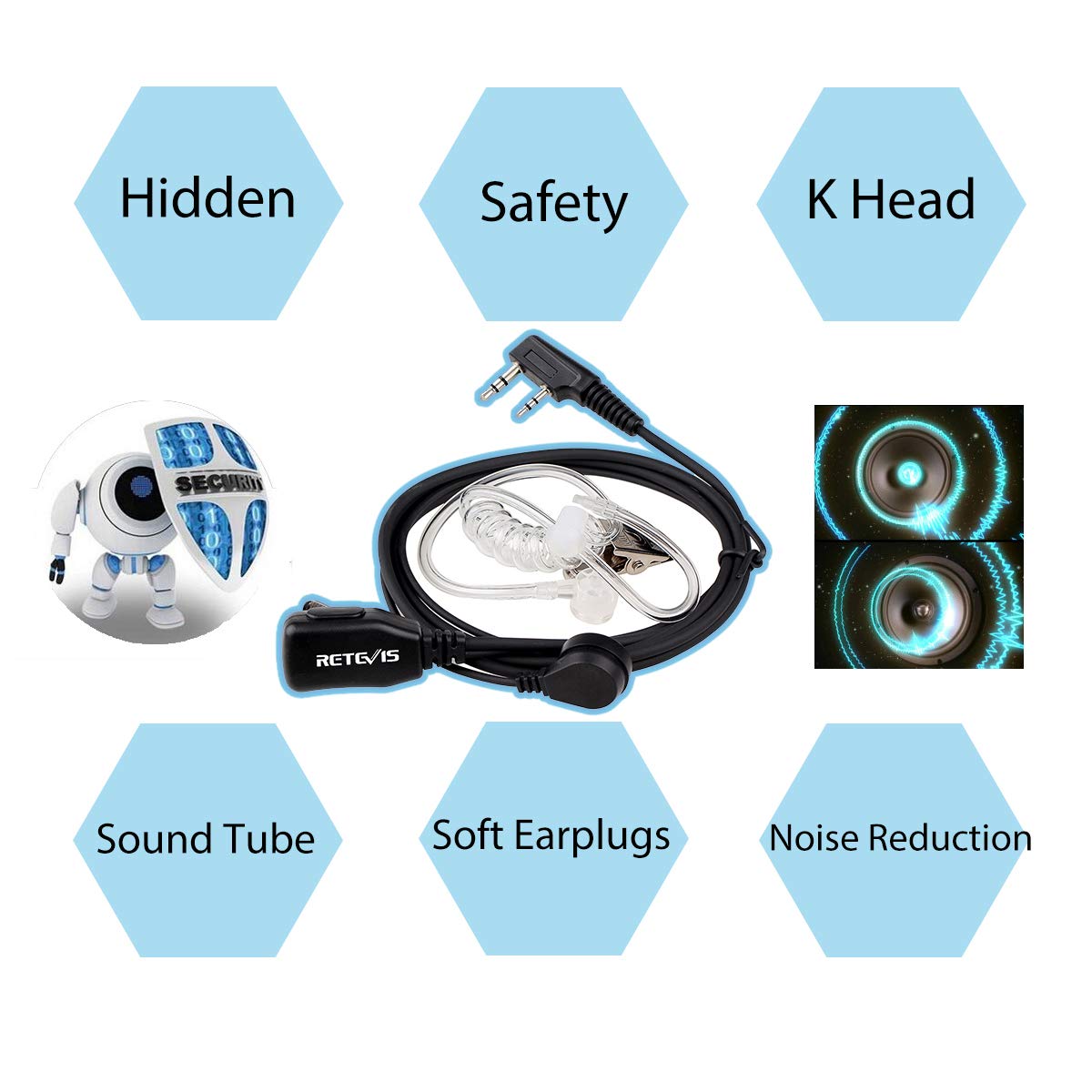 Retevis Radio Earpiece 2 Pin Covert Acoustic Tube Radio Headset Compatible with Walkie Talkie RT24 RT27 RT668 RT622 RT5R eSynic Baofeng UV-5R BF-888S KENWOOD Earphones for Walkie Talkie (5 Pcs)