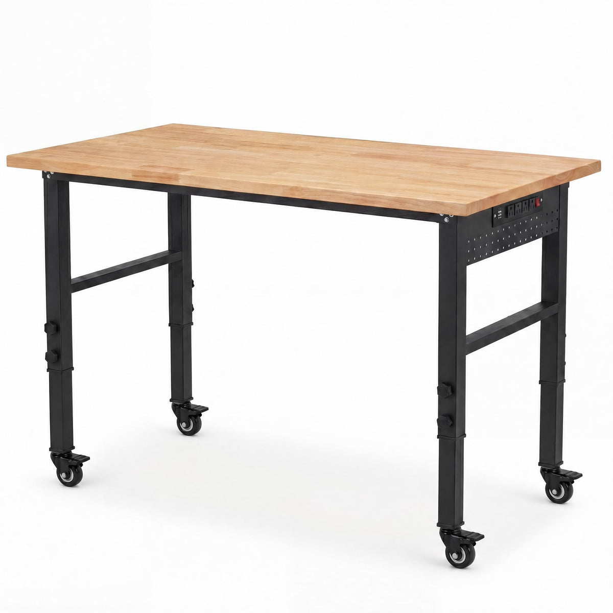 VUWIF 48" Workbench with Wheels, Adjustable Height Work Bench with Rubberwood Top, Built-in Power Outlet with 4 AC Outlets and 2 USB Ports, 2000 LBS Capacity for Garage, Workshop and Home