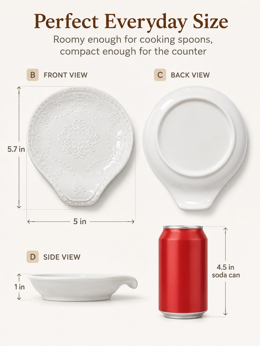 White Ceramic Spoon Rest for Kitchen Counter, 5.7" Spoon Holder for Stove Top, Floral Butterfly Embossed Cooking Utensil Rest, Dishwasher Safe Spoon Plate for Spatula, Ladle, Coffee Spoon