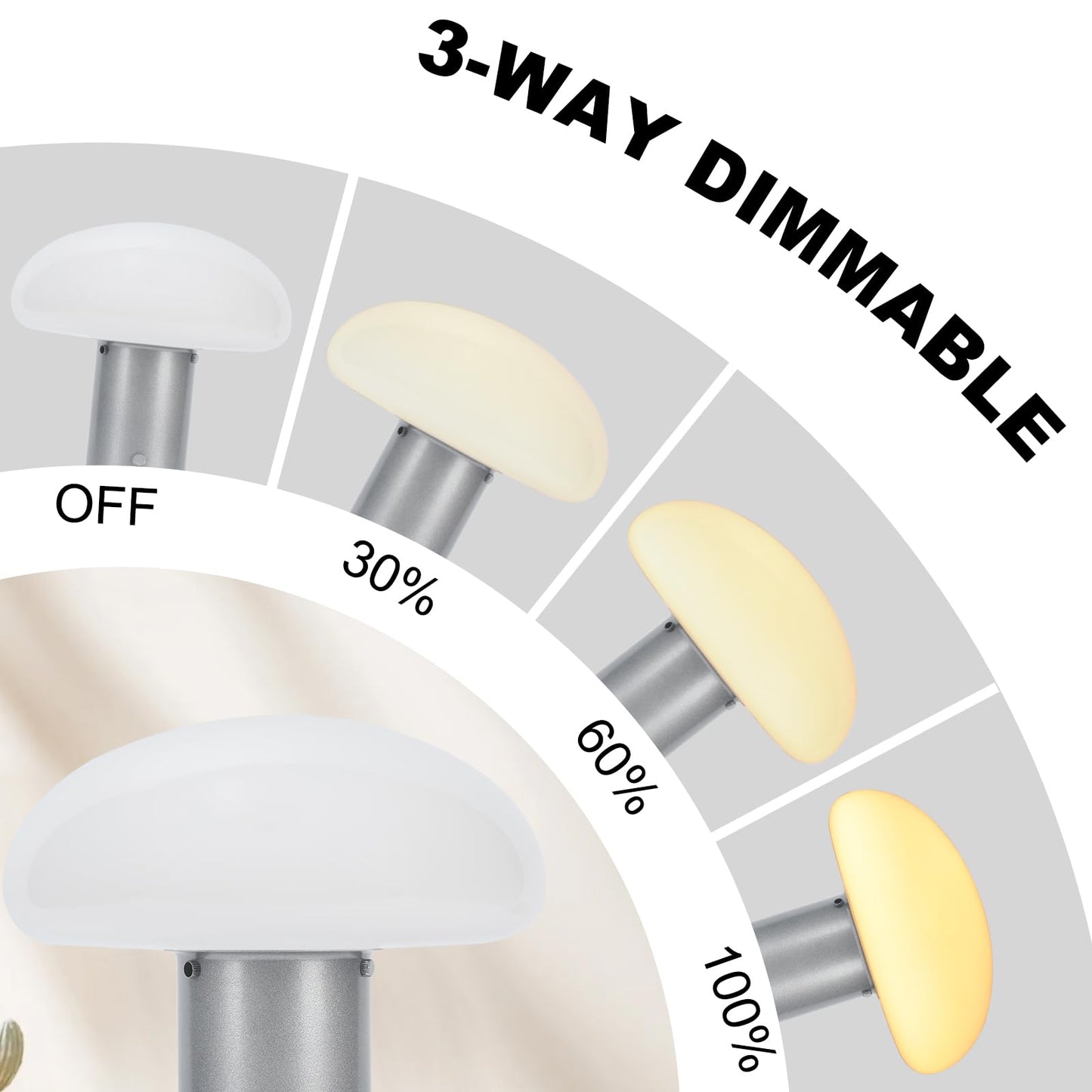 BNYFDC Mushroom Lamp, Retro Table Lamp with Touch Control Switch, 3 Way Dimmable Nightstand Lamp for Bedroom and Living Room, 6W LED Bulb Included (Silver)