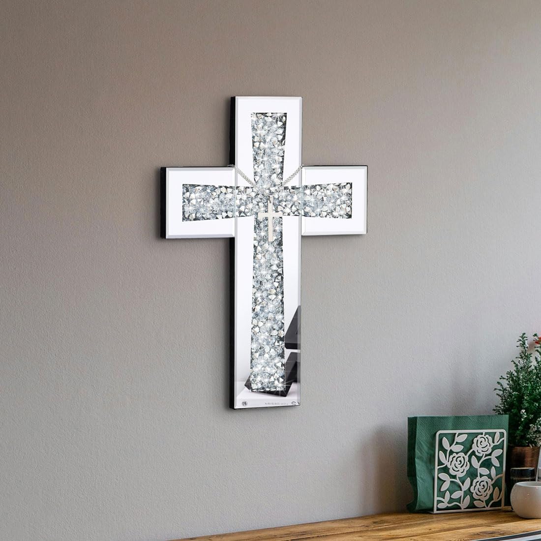 Aeveco Cross Wall Decor, Silver Mirrored Cross for Living Room, Crystal Crush Diamond Mirror Crosses, Religious Wall Art, Home Decor