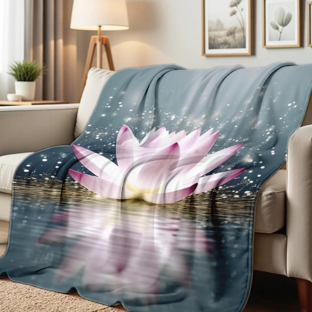 HUNXIAOJ Lotus Flower on Water Print Blanket White Floral Throw Blanket Zen Flannel Throw for Couch Bed Office Yoga Room Meditation Spa Decor Gifts (49"x59")