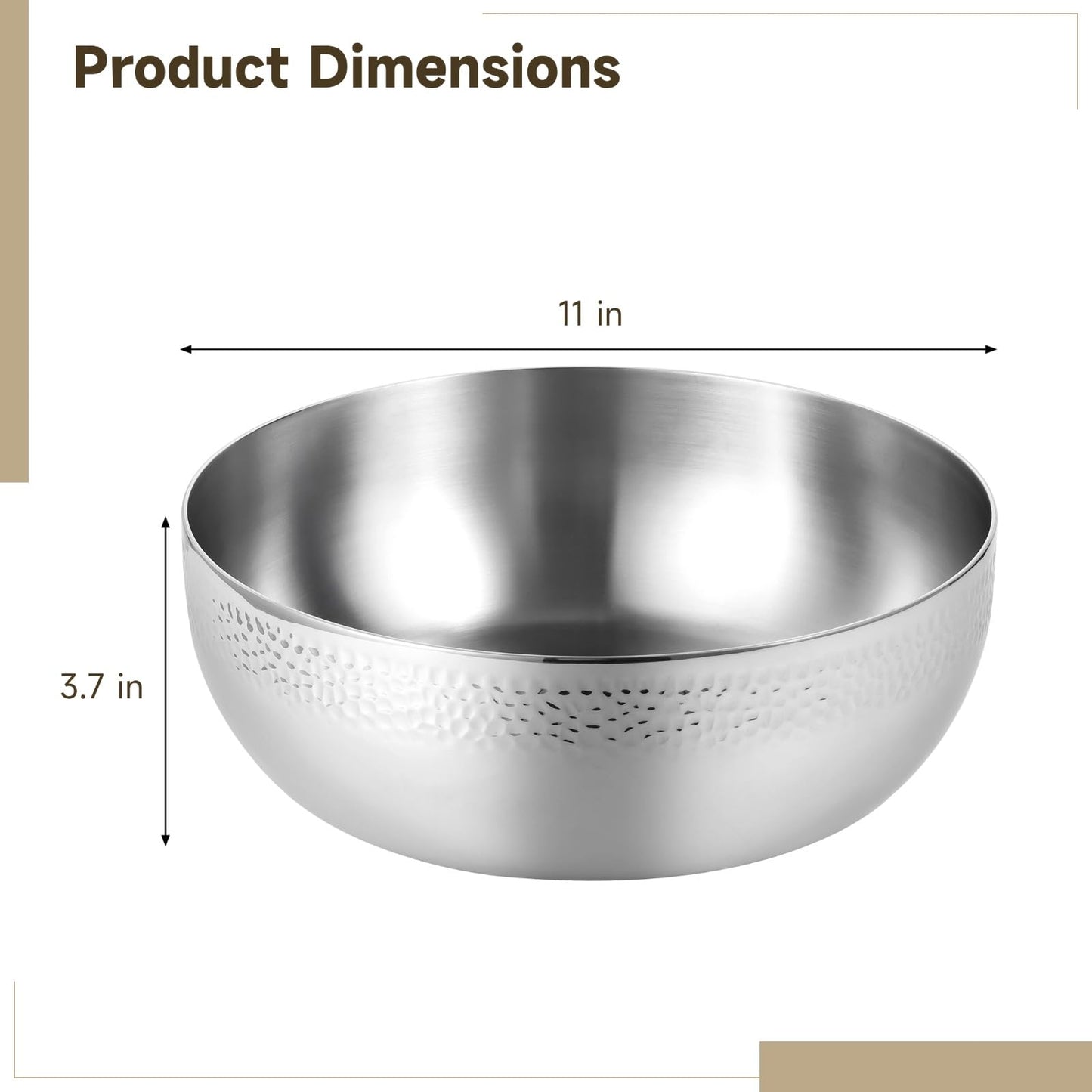 DORMIYA Extra Large Stainless Steel Hammered Salad Bowl - 11 in Large Popcorn Bowl for Kitchen, Long-lasting Mixing Bowl, Versatile Food Prep Bowl for Salad, Egg Beating, Decorative & Kitchen Serving