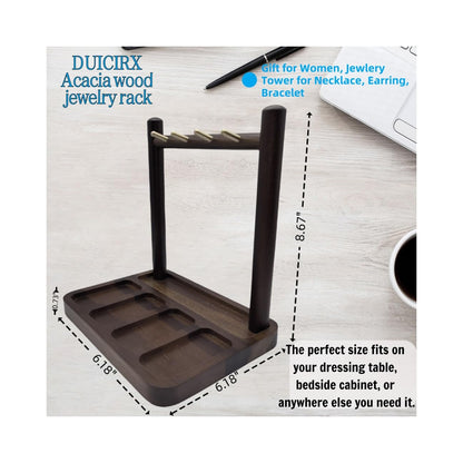 DUICIRX Jewelry Organizer Stand, Jewelry Holder, Earring Holder with 4 Hooks Necklace Organizer Wood Box for Necklace Bracelet Earring Ring (Walnut, 8.5" D x 6.1" W x 8.7" H)