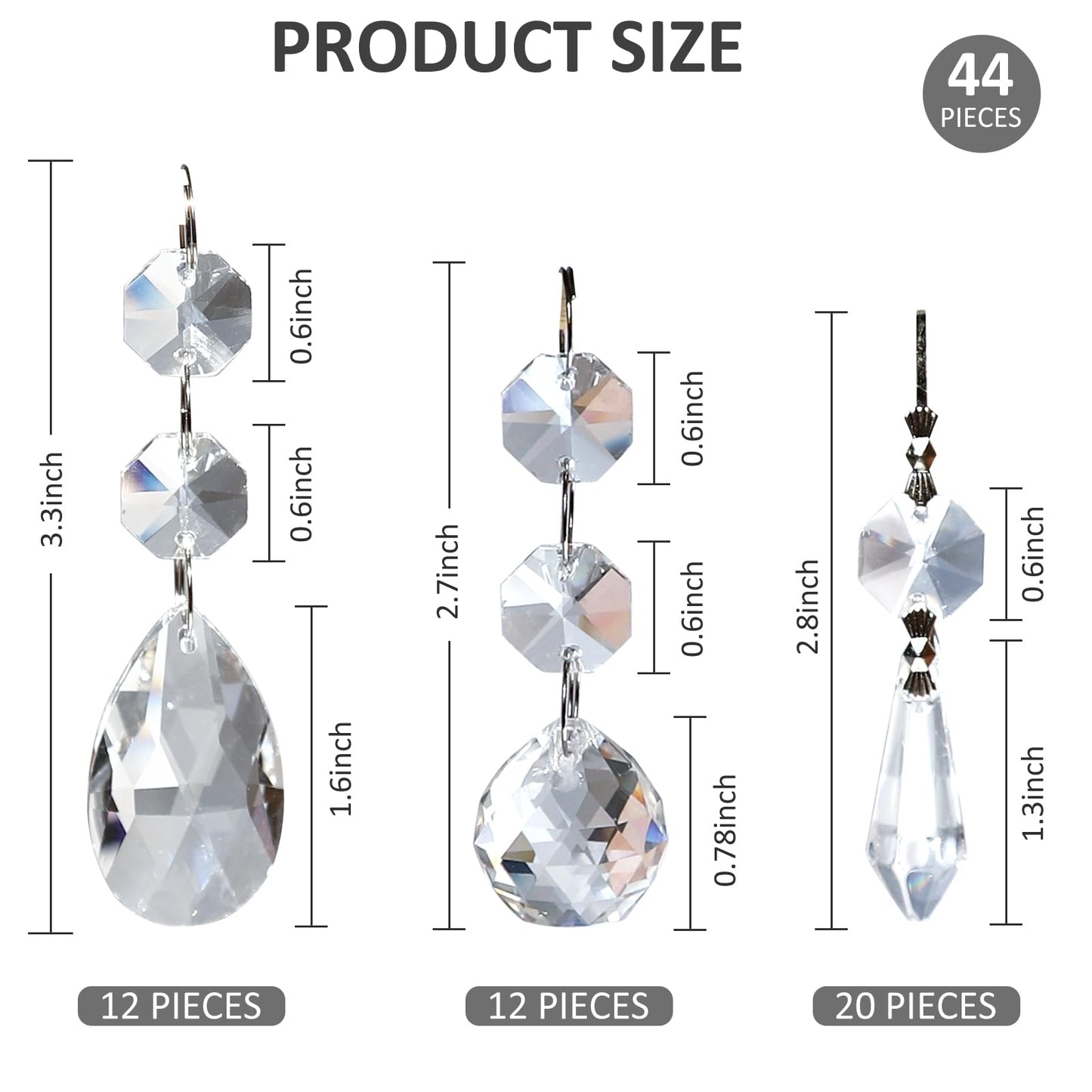 Milkary 44 Pack Chandelier Crystal Prism Replacement, 38mm Hanging Clear Crystal Glass Bead Prisms 20mm Chandelier Crystals Modern for Foyer Wedding Lamp Windows Christmas Tree Decoration