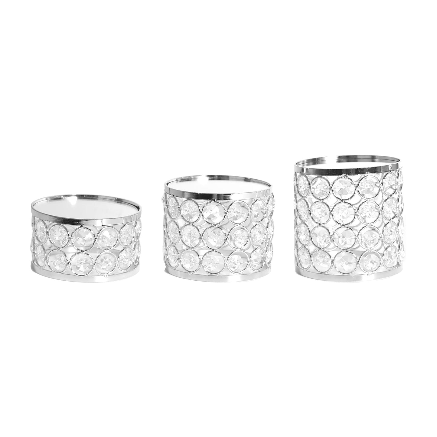 Feyarl 3 Pcs Crystal Display Stands Round Mirrored Risers Decorative Jewelry Perfume Stand Cupcake Figurine Collectible Display Holder for Vanity Table Wedding Home Décor (Silver)